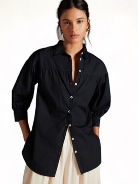 Anthropologie Maeve Poplin Black Button-down Blouse Shirt Long/Short Style